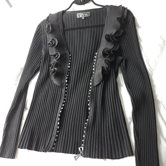 Festive Minkas Ruffled Rib Knit Cardigan Sweater Sparkling Zipper - Picture 2 of 8